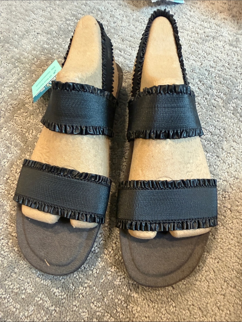 JBU Black Double-Ruffle Double-Strap Slide Sandals